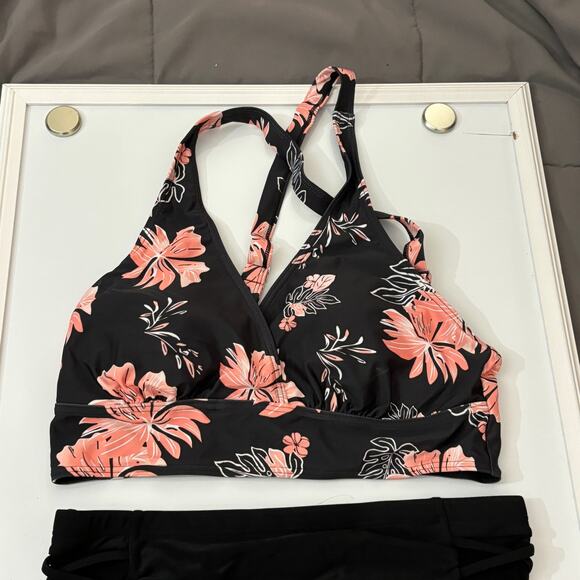 Yonique Black Coral Floral High Waisted Plus Size Bikini Swimwear NWT Size 12W - Picture 4 of 11